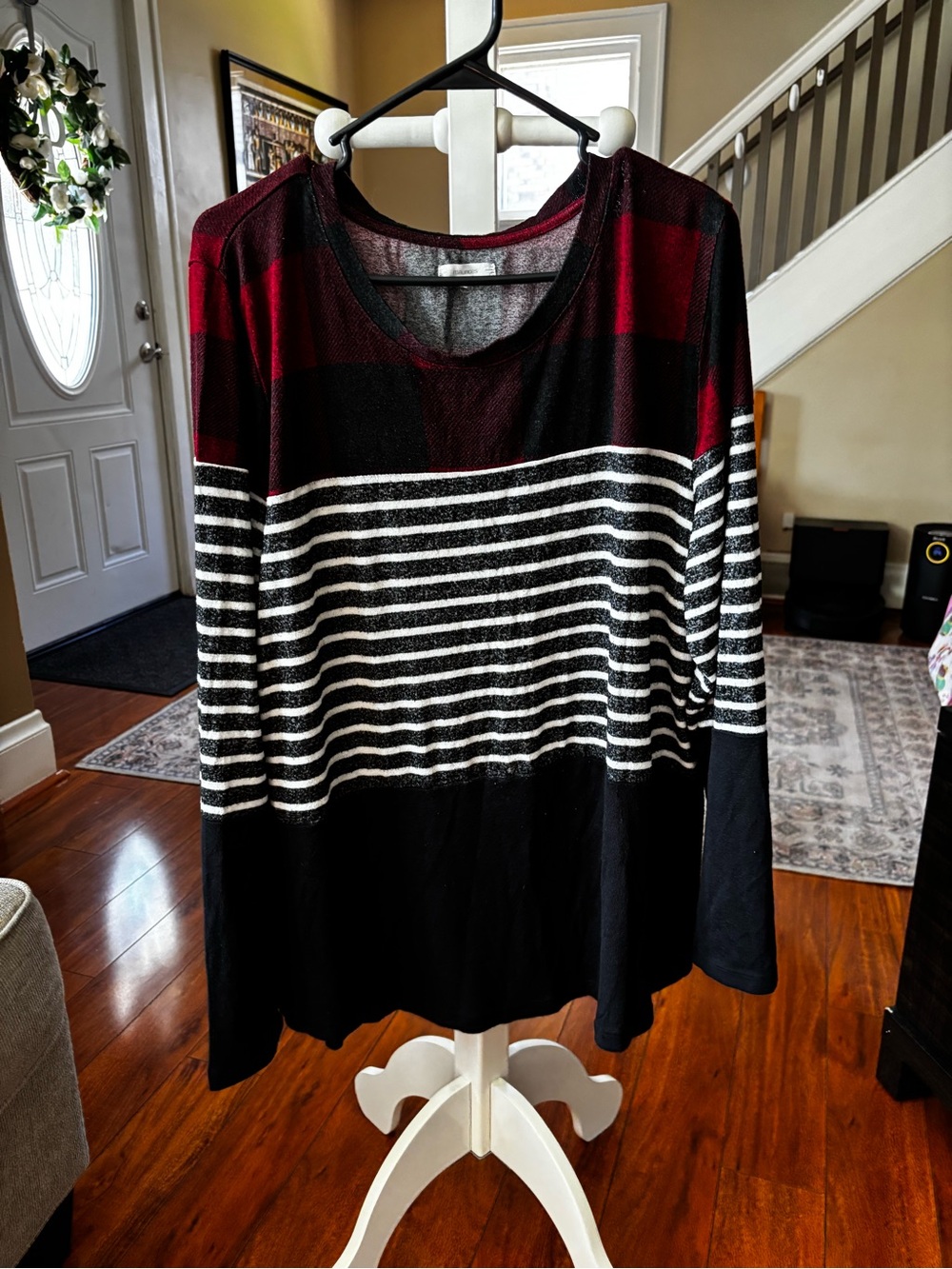 Maurices Burgundy, Black and White Striped Mesh Long-Sleeve Top